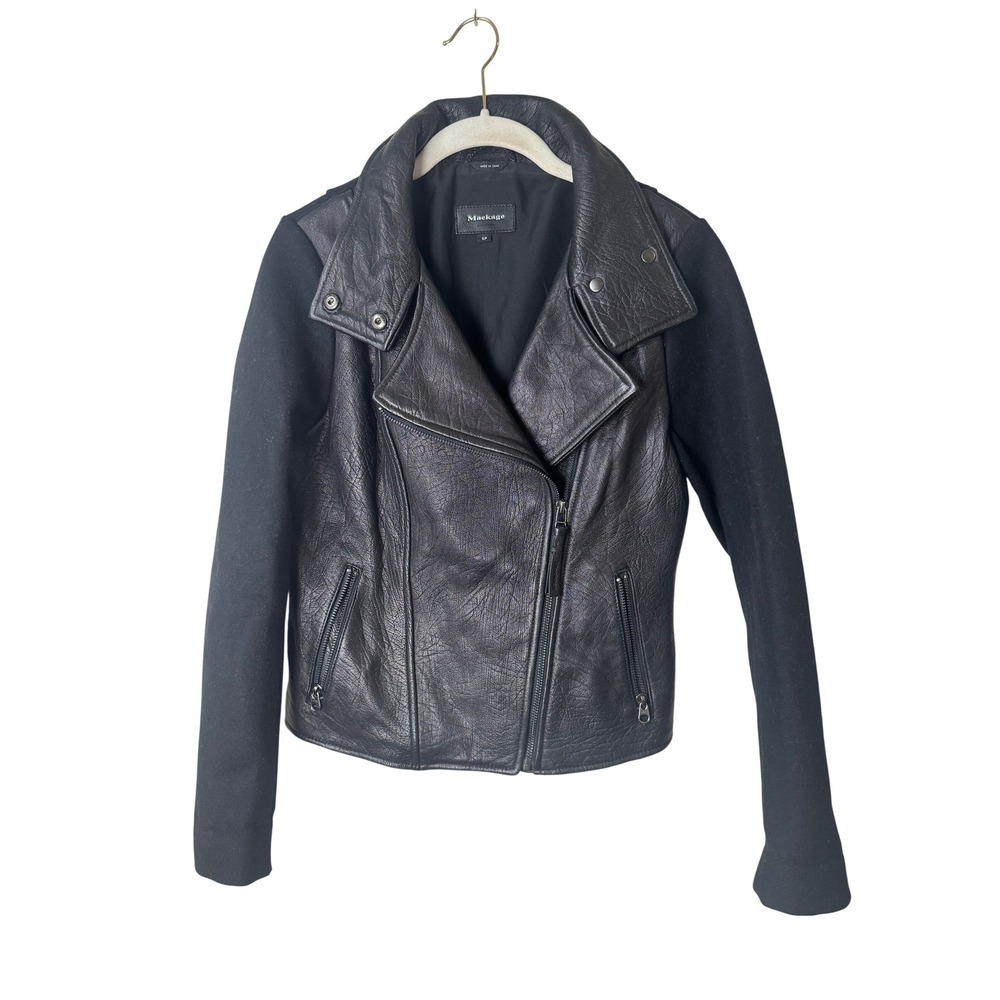 Mackage Lambskin Leather Wool Mixed Media Moto Jacket Black Small S/P